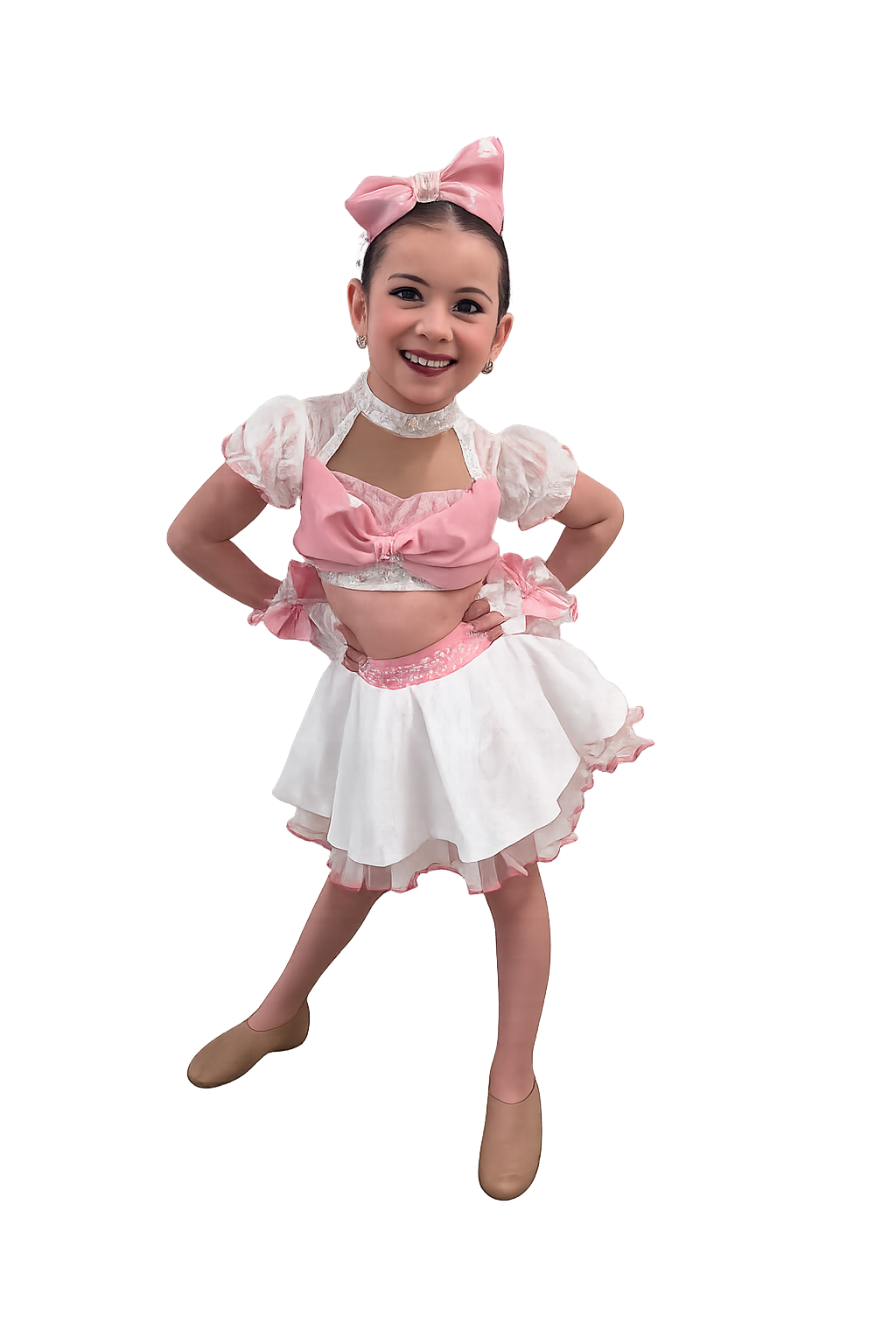 Young dancer in a custom pink and white dance costume by TARA Costumes